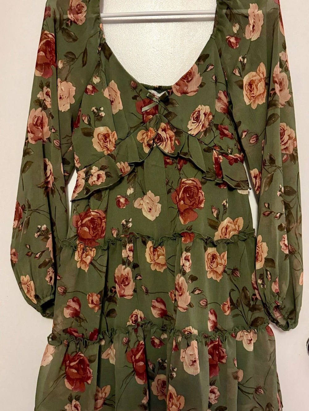Olive Green Floral Ruffled Long Sleeve Dress